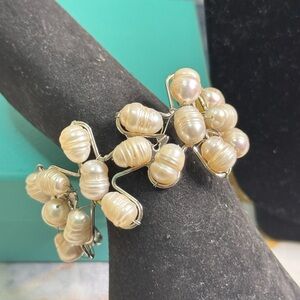 Silver and Genuine  Pearl Cluster Floral Bracelet